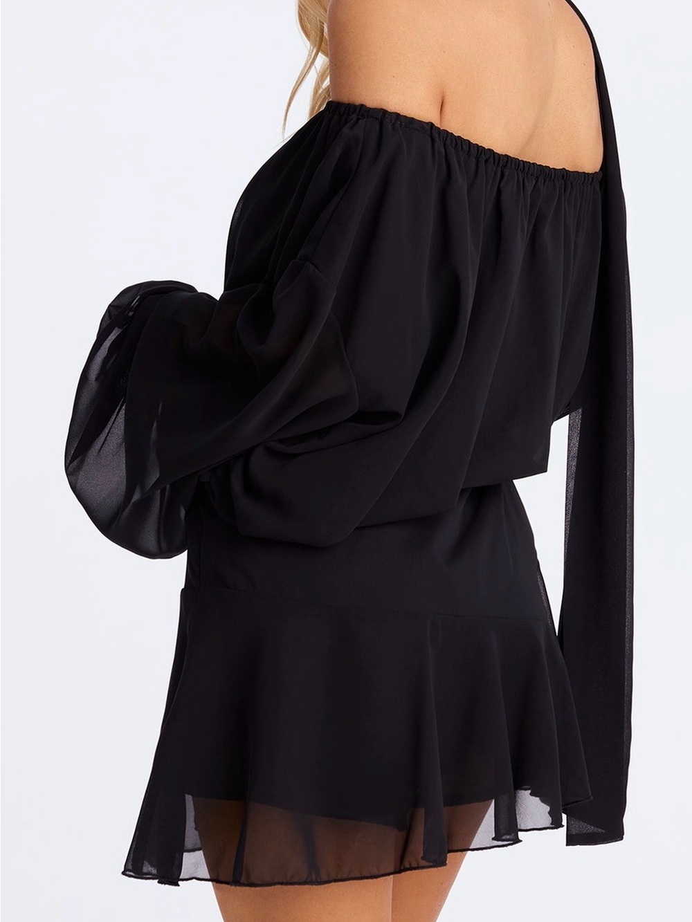 Fashion Nova Black Off-Shoulder Romper with Bishop Sleeves